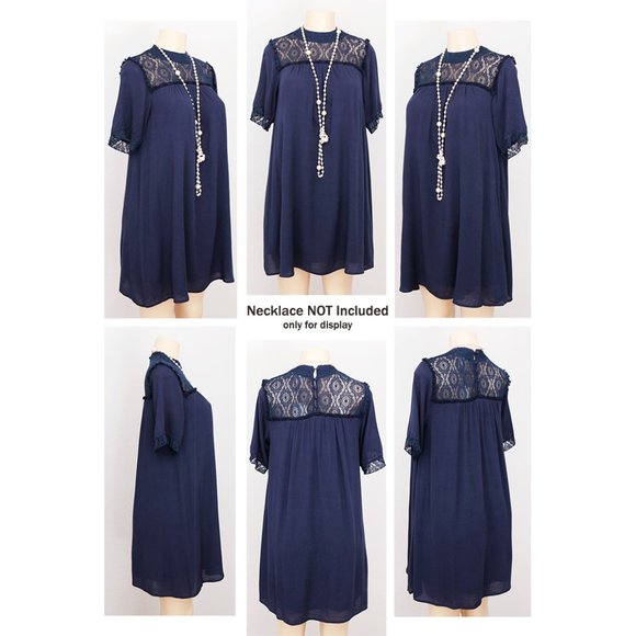 Navy Blue Boho Crochet Lace Mock Neck Shift Dress - Picture 9 of 10